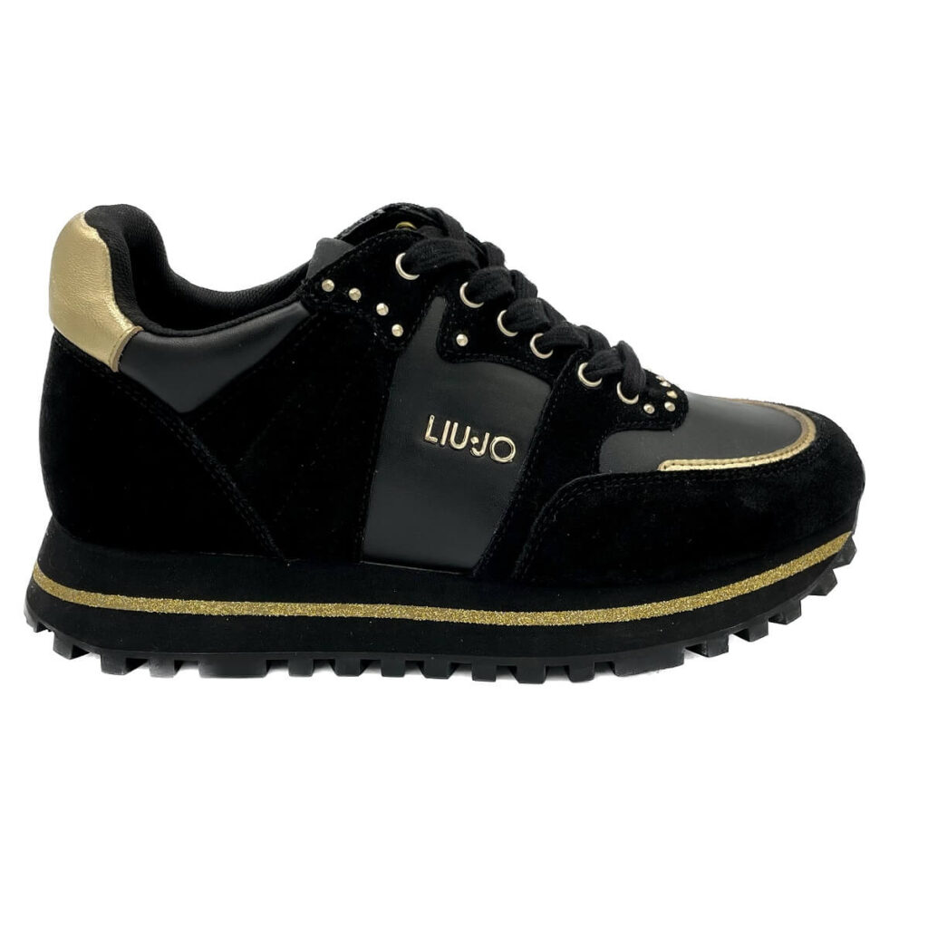 Liu Jo Wonder nera Sneaker. Tomaia ecopelle nera con inserti in camoscio, micro borchie dorate con marchio e rifiniture color oro