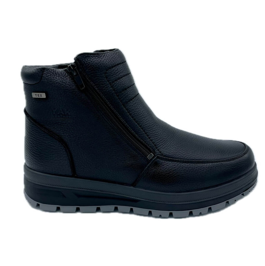 G Comfort Stivaletto pelle nera con doppia cerniera laterale. Fodera agnello membrana TEX. Plantare estraibile. Suola gomma. Larghezza H per pianta larga.