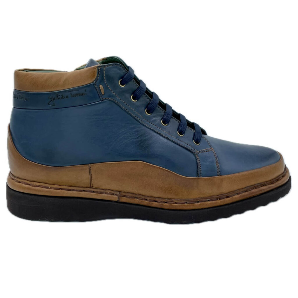 Galizio Torresi 620448 scarponcino sportivo/elegante in pelle marrone e blu. Cerniera laterale. Fodera e sottopiede in pelle. Suola gomma. Made in Italy