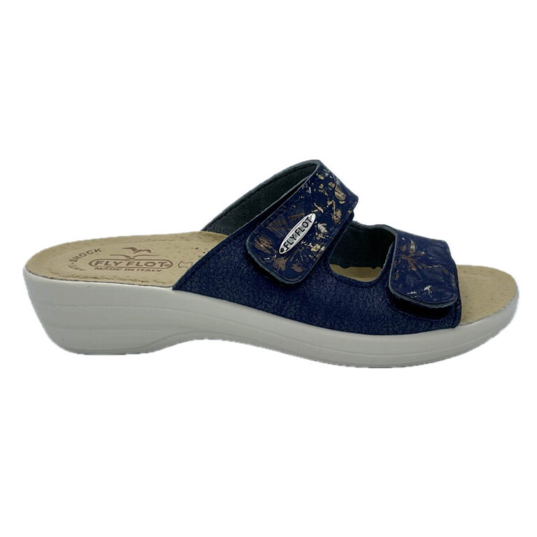 Fly Flot ciabatta T5B18. Tomaia regolabile doppio strappo. Sottopiede in pelle. Suola in poliuretano. Altezza scivolo 4,5 cm. Made in Italy