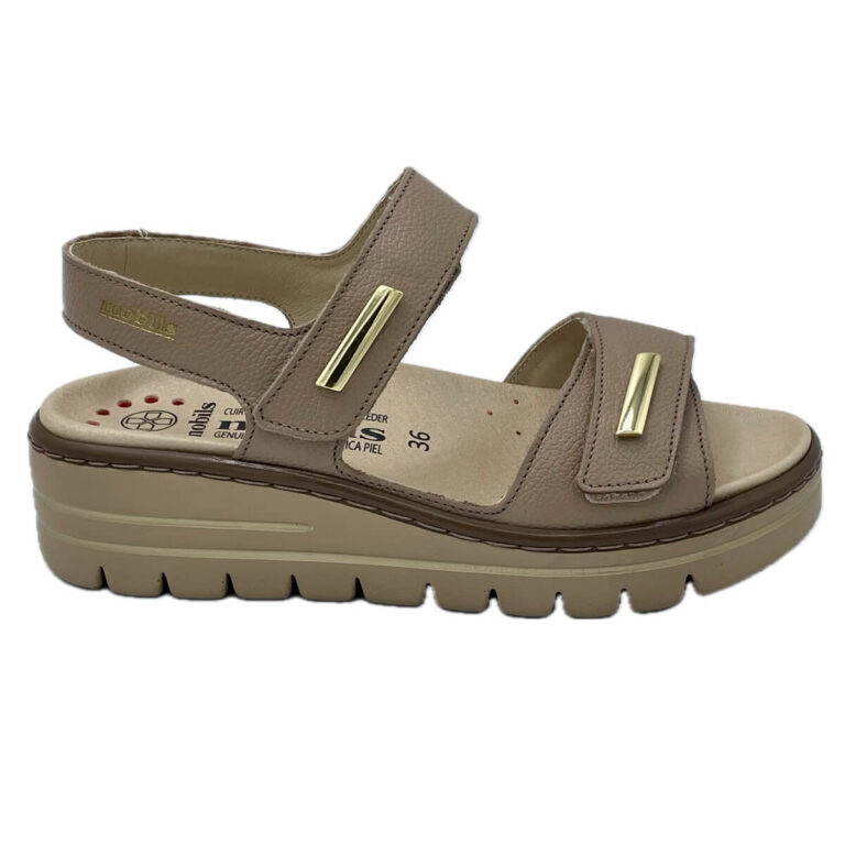 Mobils Ergonomic Clem a sandalo in pelle tortora con plantare estraibile. Cinturino a strappo. Suola in gomma con Shock-Absorber