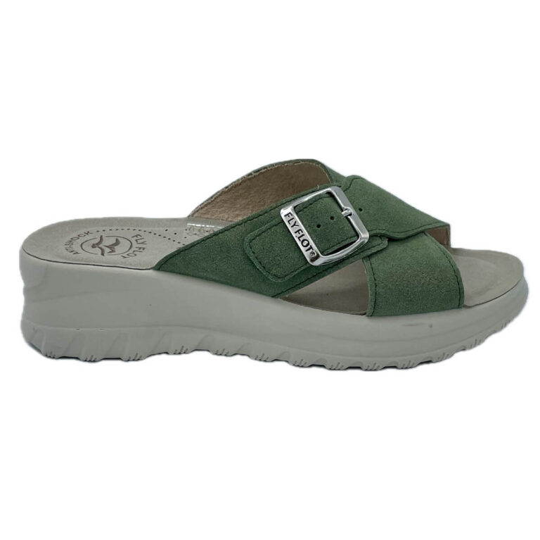 Fly Flot ciabatta 88243. Tomaia regolabile con fibbia . Sottopiede con anti-shock. Suola in poliuretano. Altezza scivolo 4,5 cm. Made in Italy