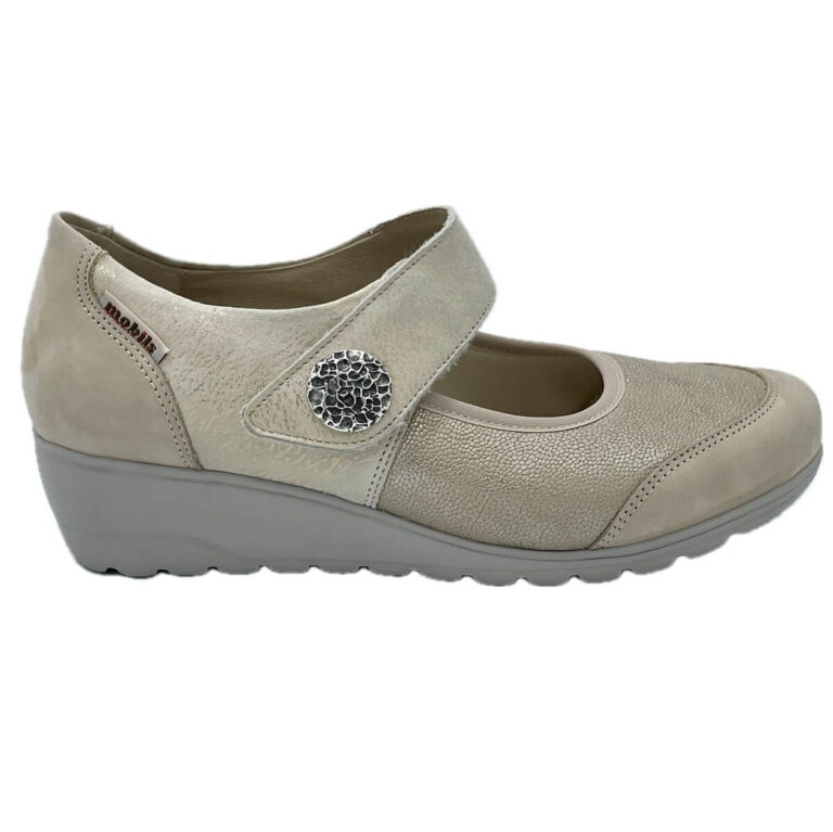 Mobils Ergonomic Bathilda in tessuto elasticizzato con pelle nabuk e inserti in pelle effetto metallico. Cinturino con chiusura a strappo. Suola in gomma