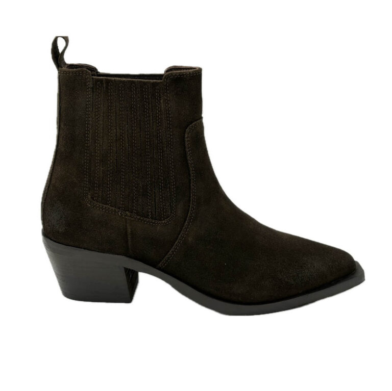 Frau Texano Basso Camoscio testa di moro elastici laterali. Fodera in pelle e tessuto. Sottopiede imbottito federato in pelle. Suola in cuoio tacco 5 cm.